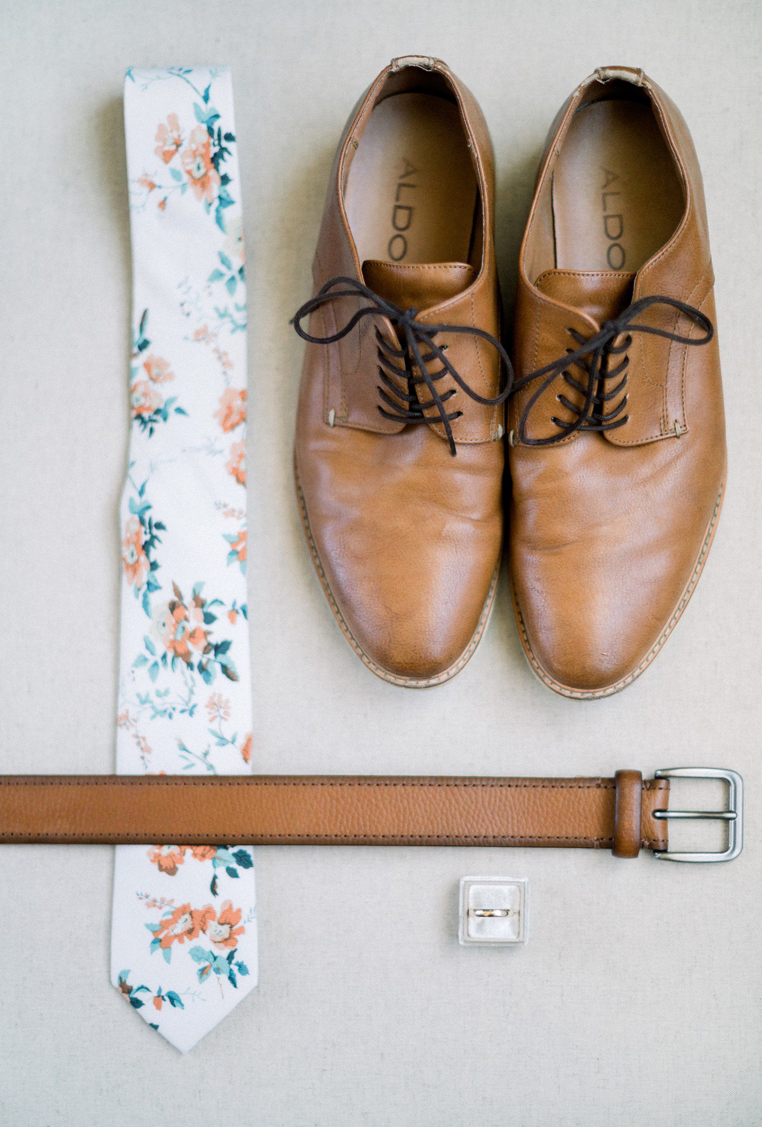 Groom Wedding Day Details with brown shoes and brown belt.