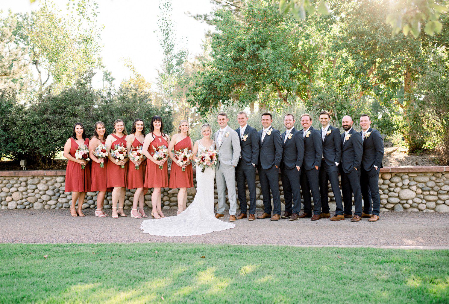 Wedding party photos at Hudson Gardens in Denver