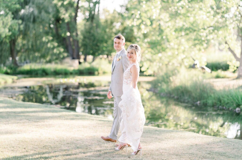 Bride and groom wedding photos at Hudson Gardens in Denver.