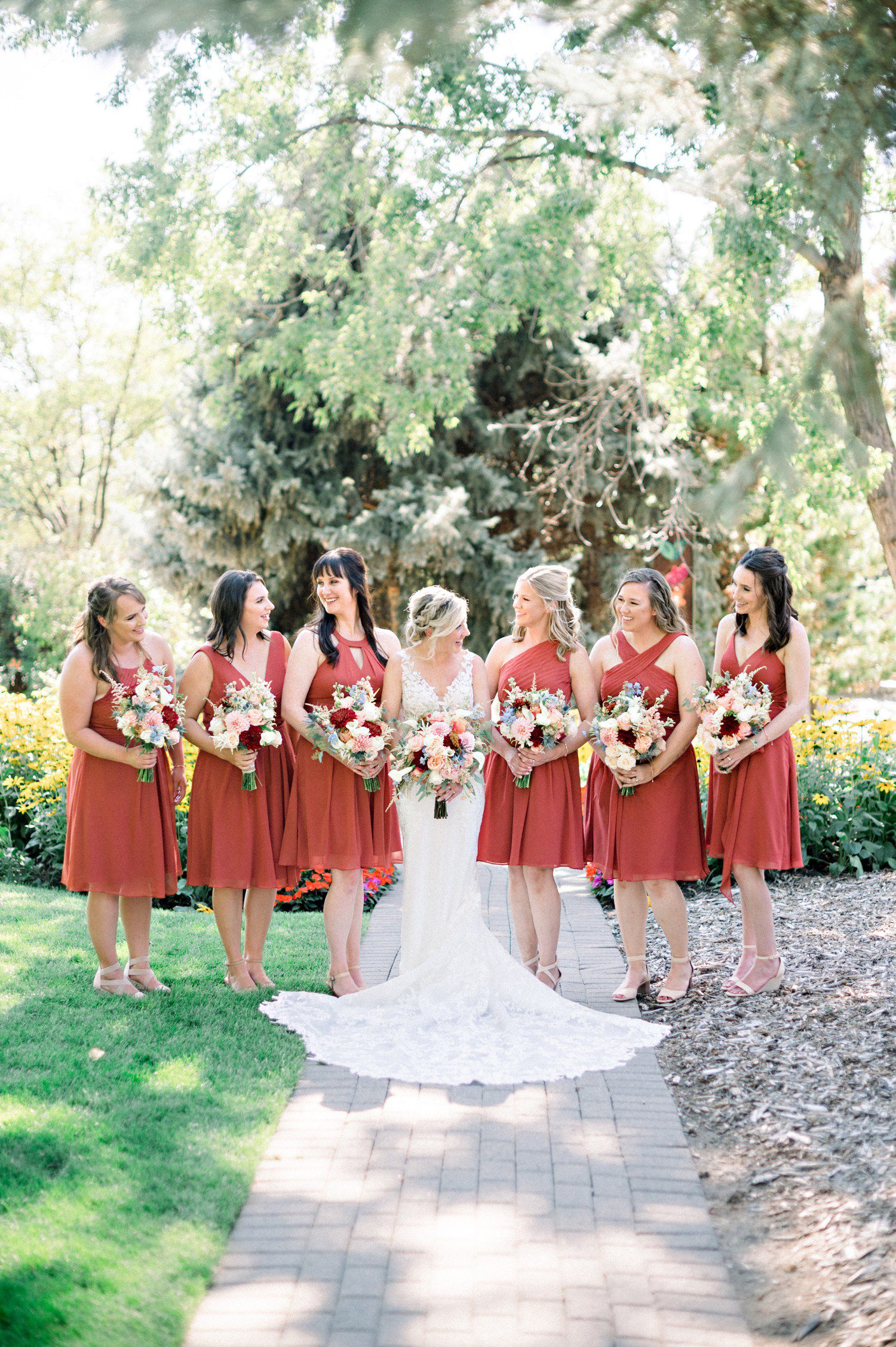 Bridesmaids photos at Hudson Garden in Denver.