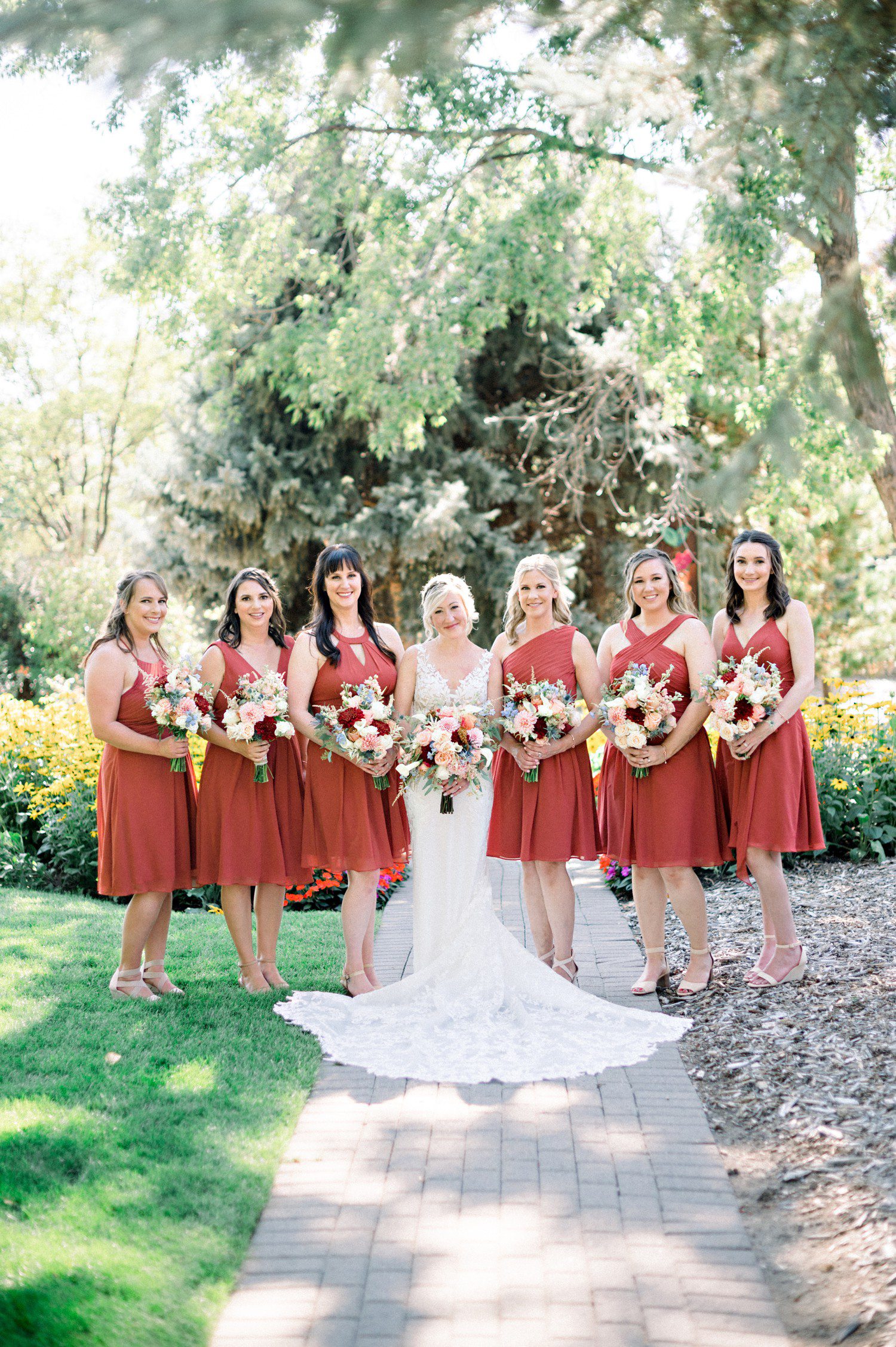 Bridal party photos at Hudson Gardens in Denver.