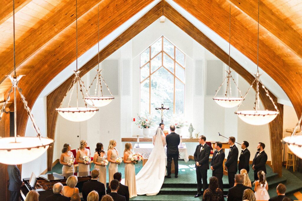 Indoor wedding ceremony at Vail Interfaith Chapel. 