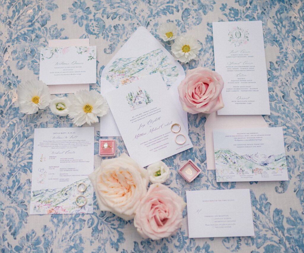 Vail Colorado Wedding Flat Lay Invitation Details