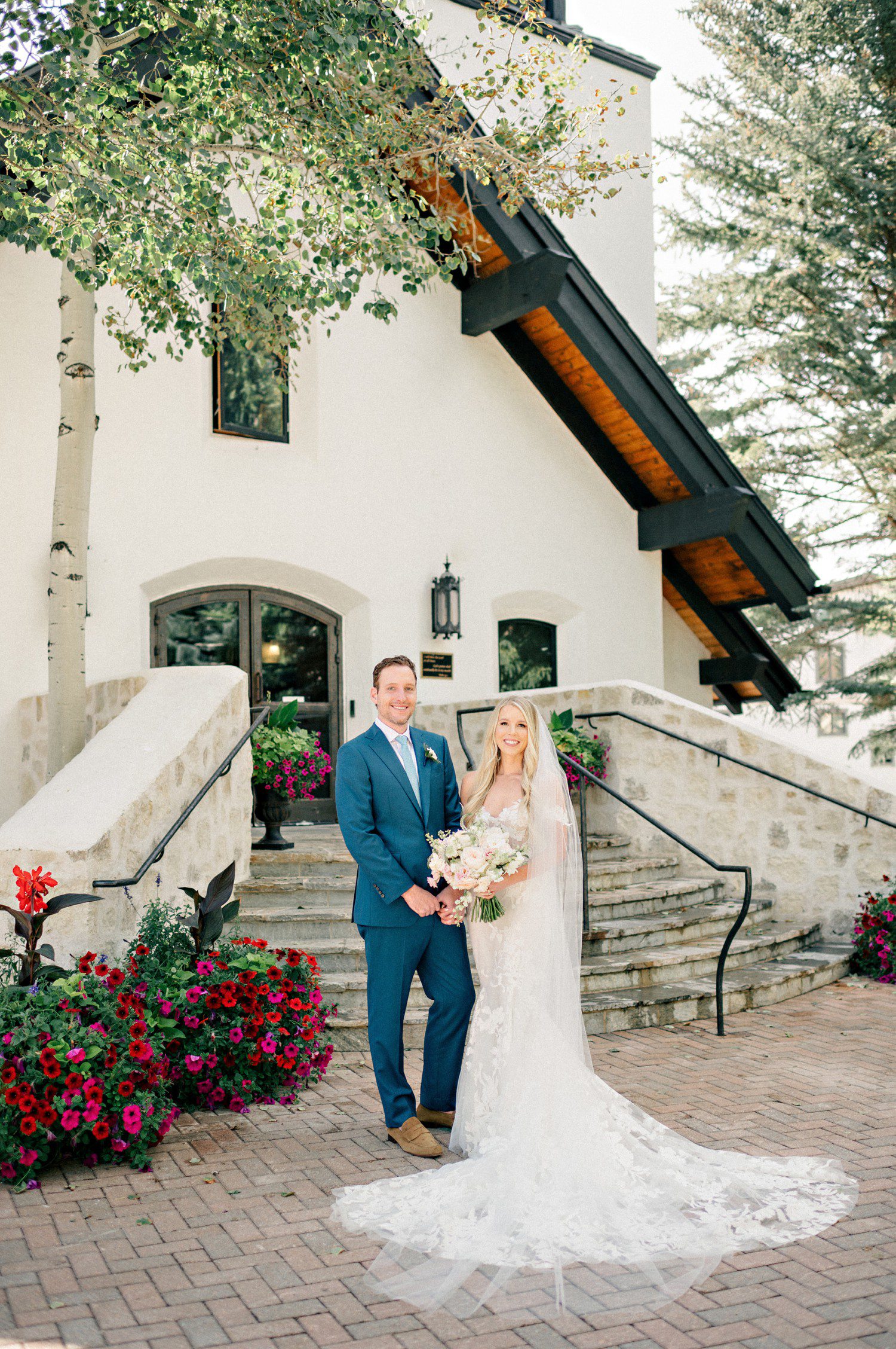 Bride and groom portraits at Vail Chapel in Vail Colorado. 