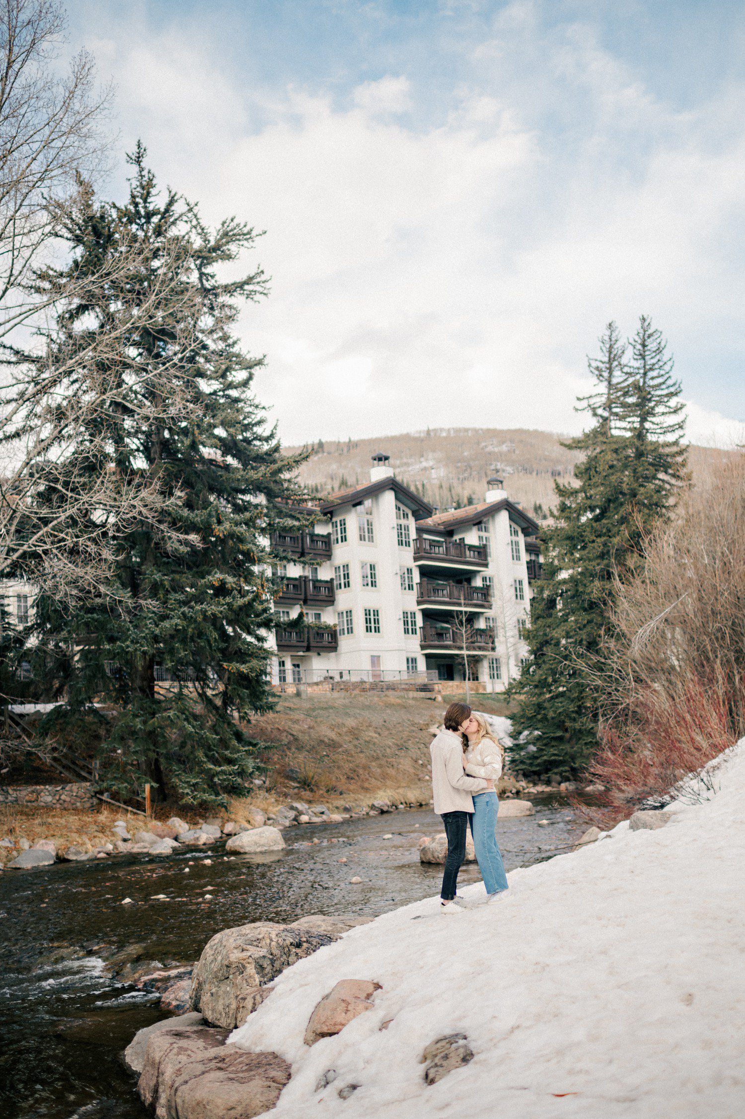 Snowy engagement photos near Vail Village in Colorado.